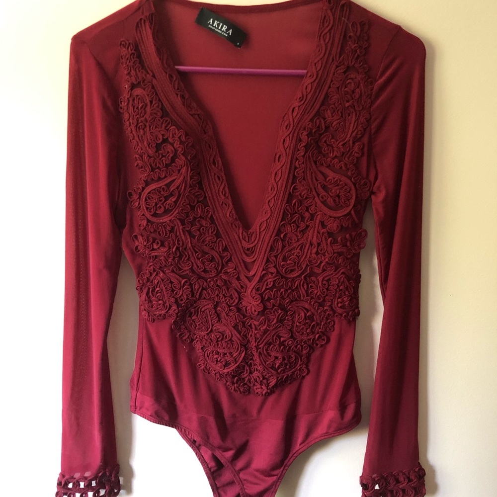 Akira Red Sheer VNeck Body Long-sleeve Bodysuit, S